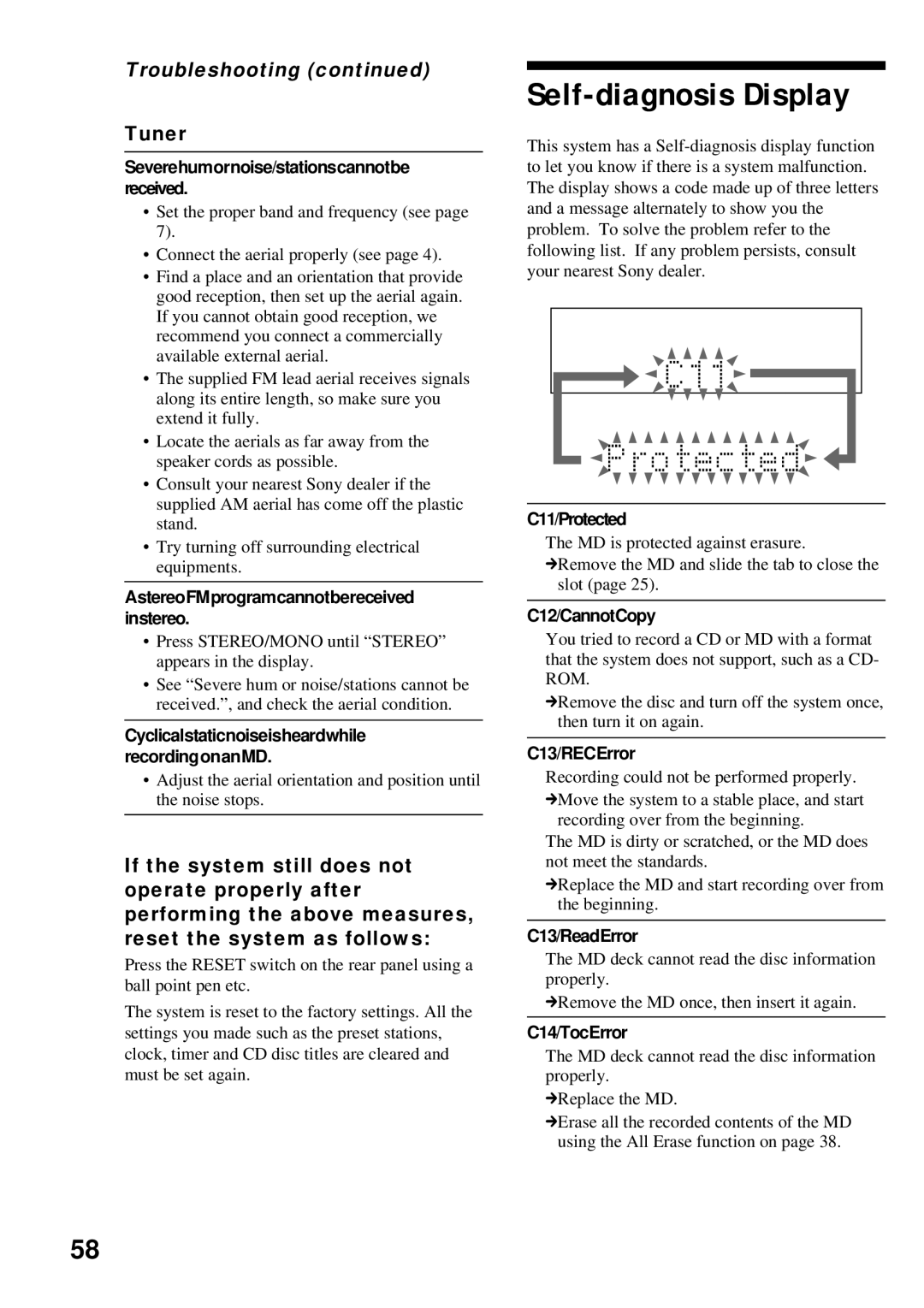 Sony DHC-MD373 manual Self-diagnosis Display, Troubleshooting, Tuner 