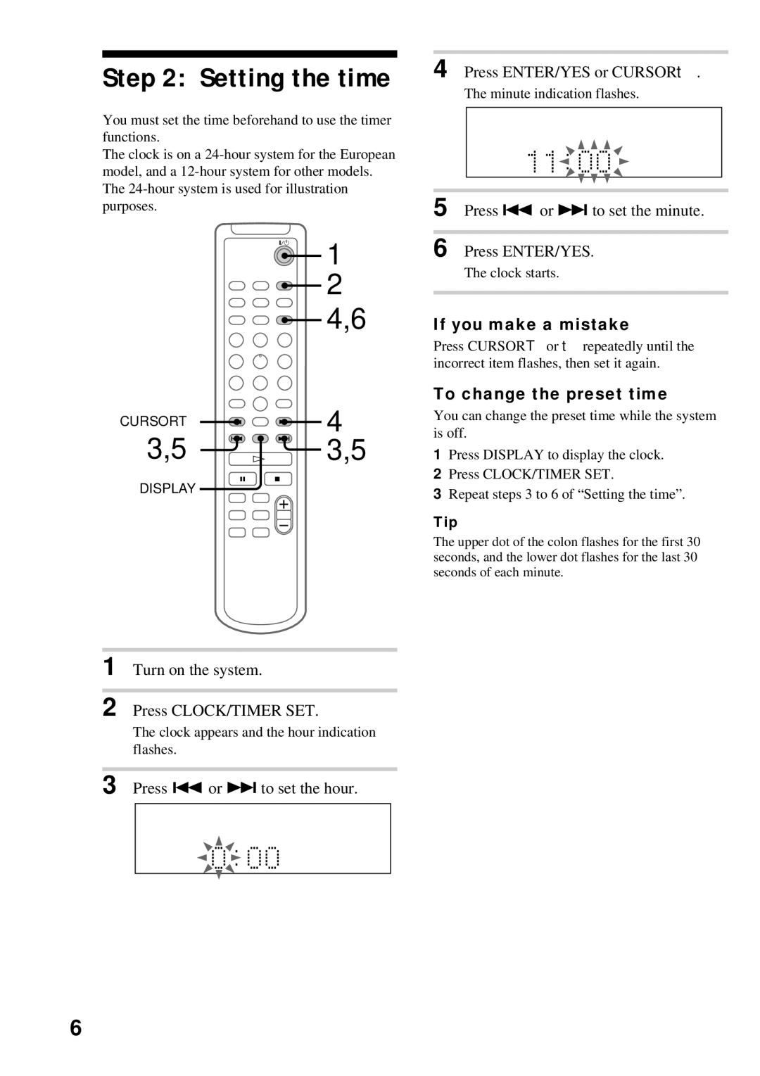 Sony DHC-MD373 manual Setting the time, If you make a mistake, To change the preset time 