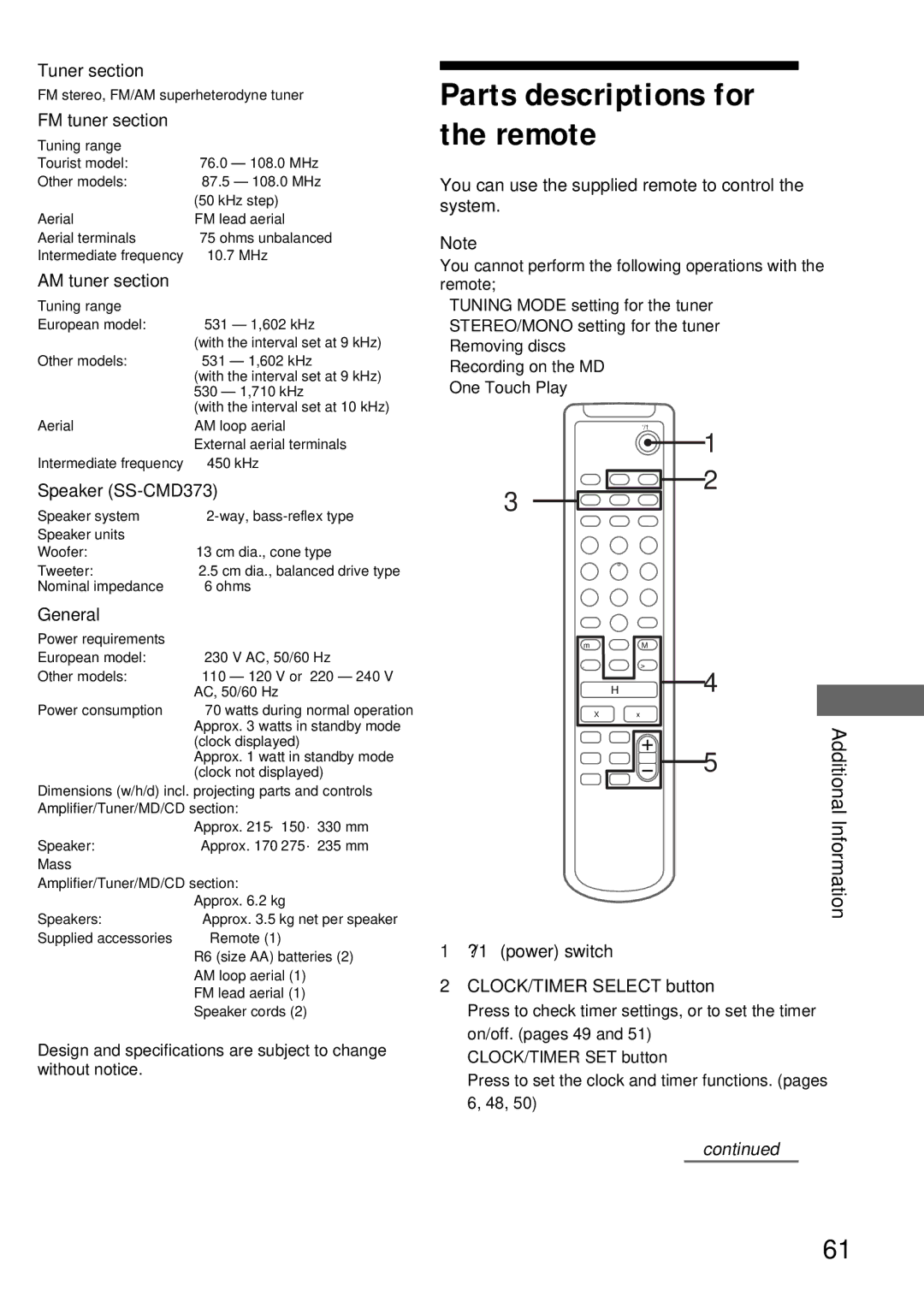 Sony DHC-MD373 manual Parts descriptions for the remote, Information 