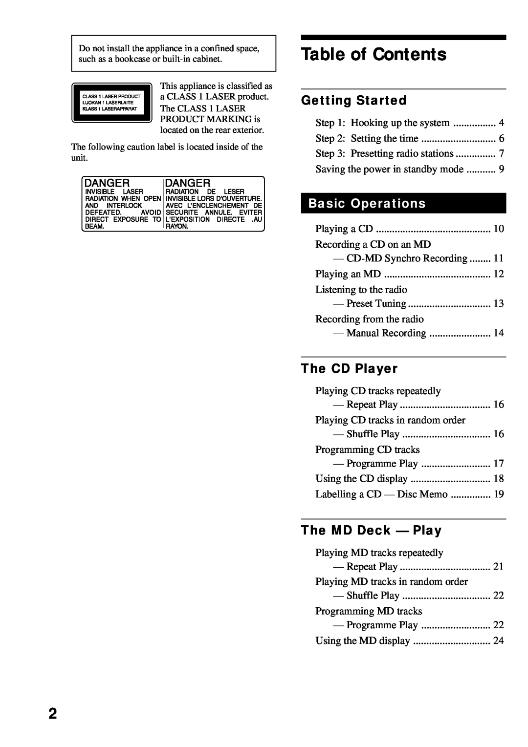 Sony DHC-MD373 manual Table of Contents, Getting Started, The CD Player, The MD Deck - Play, Basic Operations 
