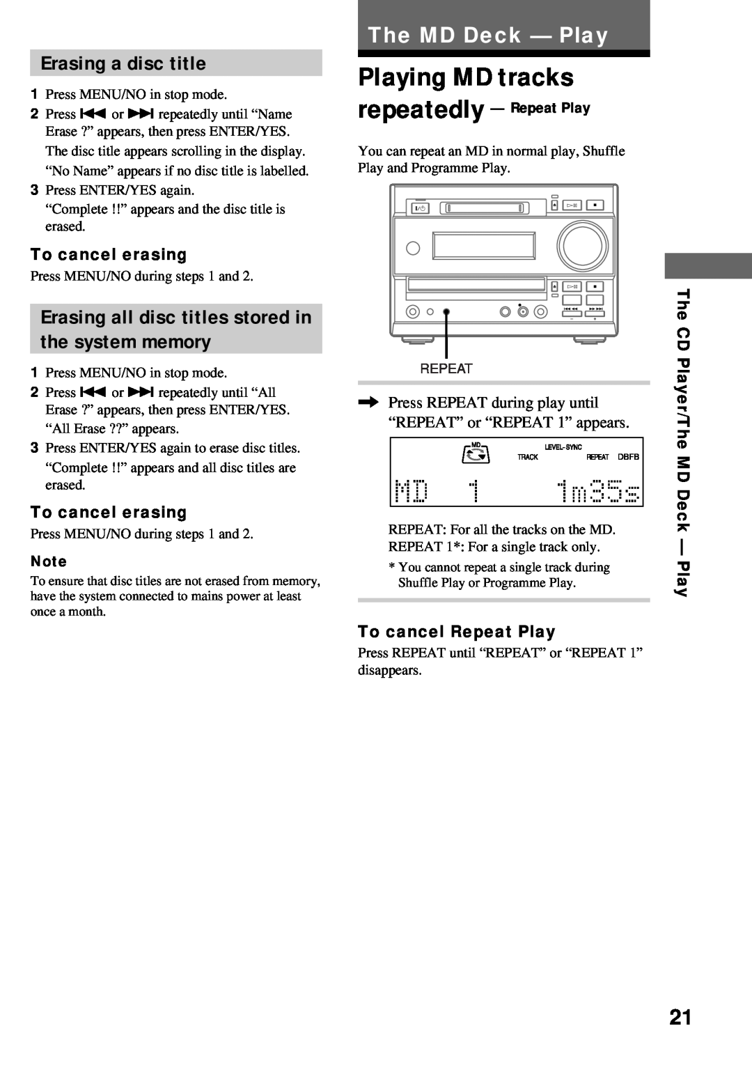 Sony DHC-MD373 manual Playing MD tracks, Erasing a disc title, The MD Deck - Play, Erasing all disc titles stored in 