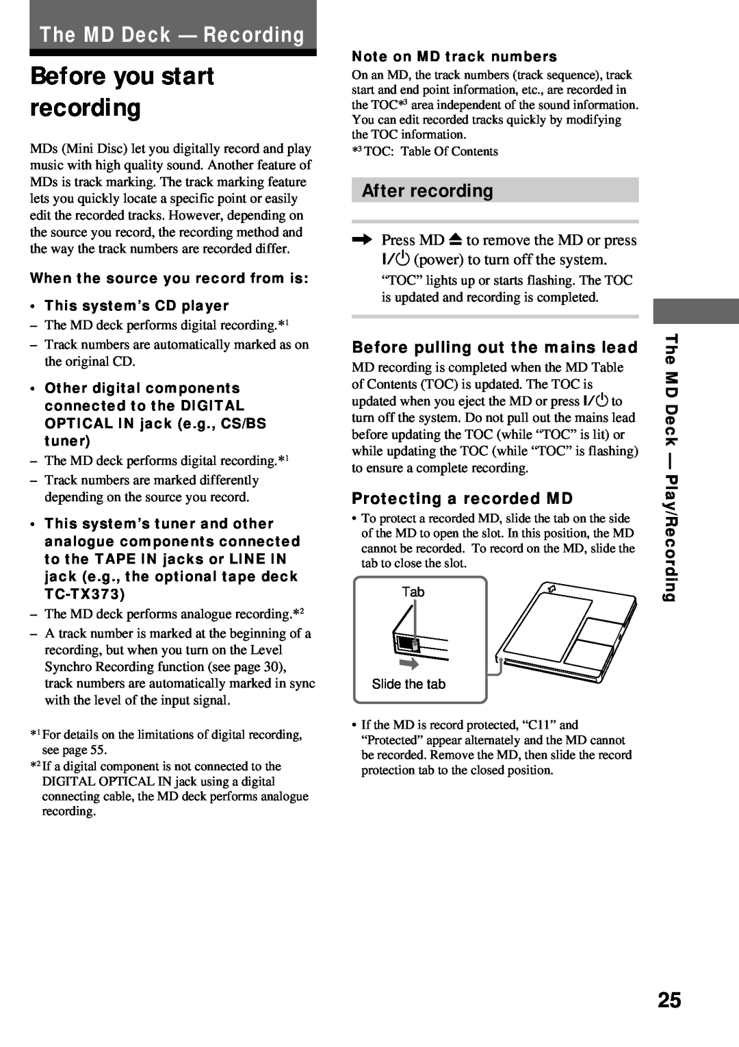 Sony DHC-MD373 manual Before you start recording, The MD Deck - Recording, After recording, Protecting a recorded MD 