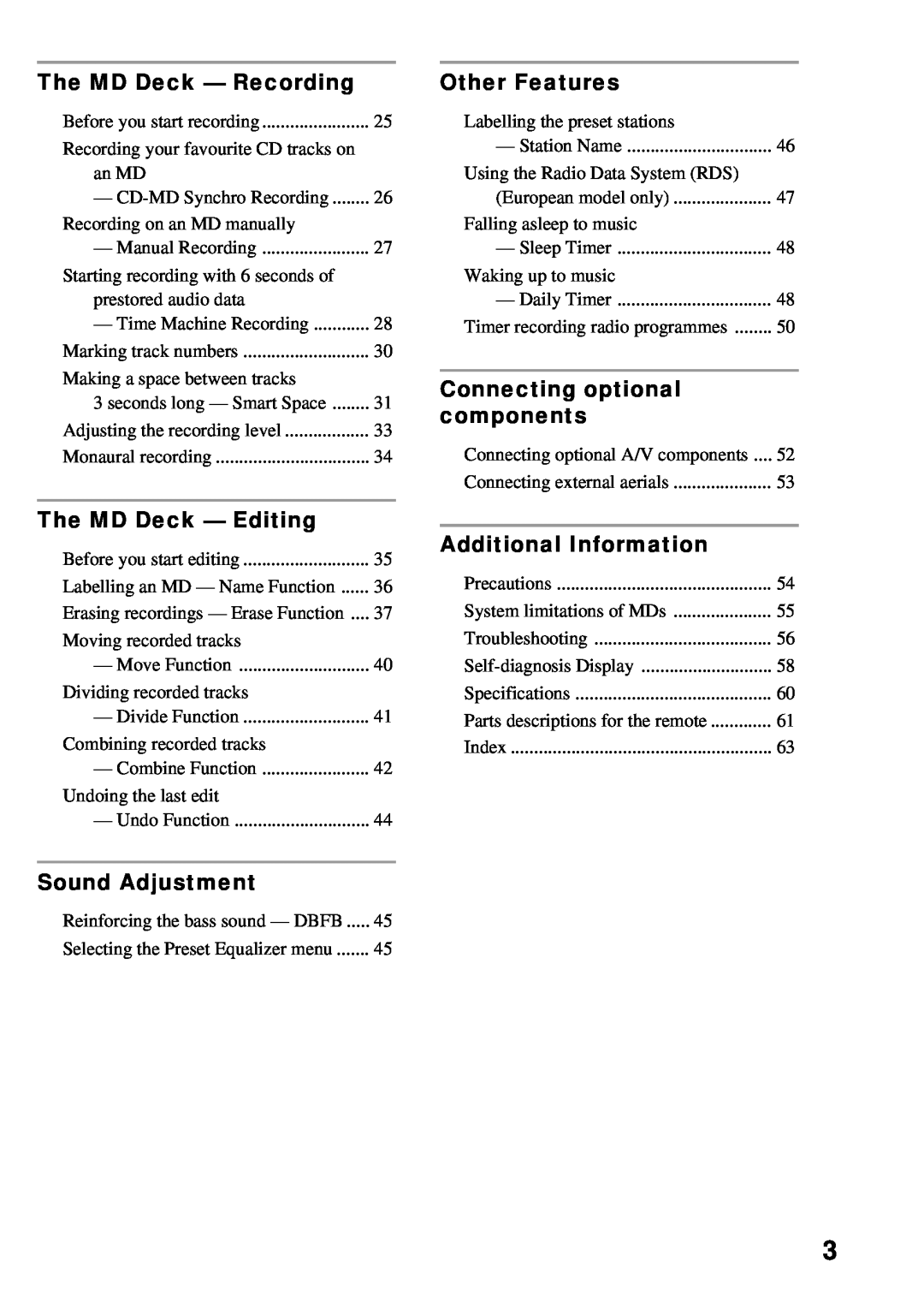 Sony DHC-MD373 manual The MD Deck - Recording, The MD Deck - Editing, Sound Adjustment, Other Features, Connecting optional 