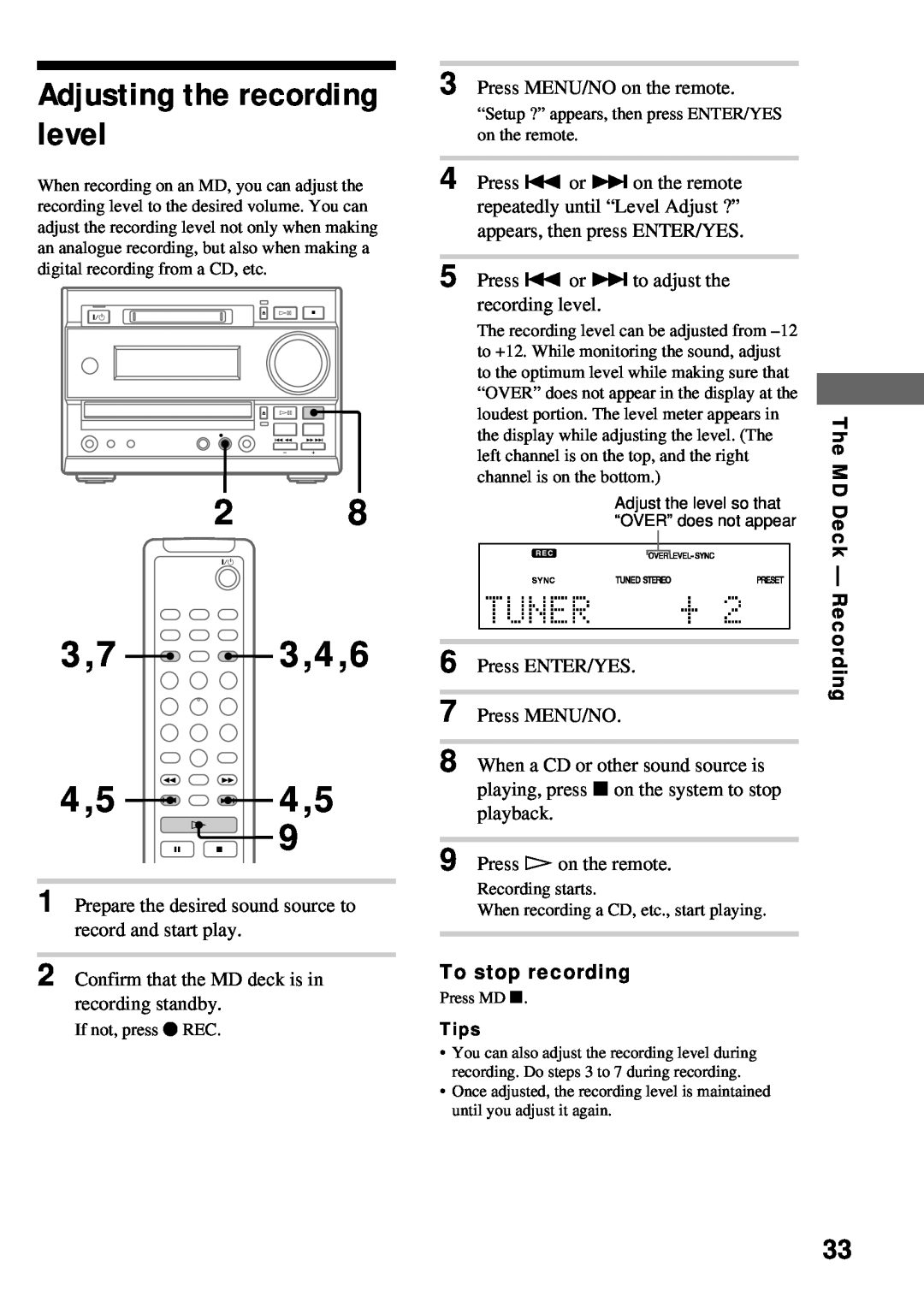 Sony DHC-MD373 Adjusting the recording level, 3,7 3,4,6, Press . or to adjust the recording level, Press H on the remote 