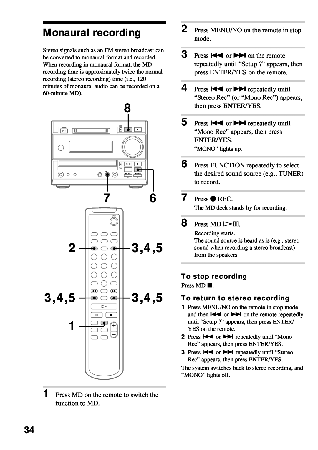 Sony DHC-MD373 manual Monaural recording, 2 3,4,5, 3,4,5 . > 3,4,5, To return to stereo recording, To stop recording 