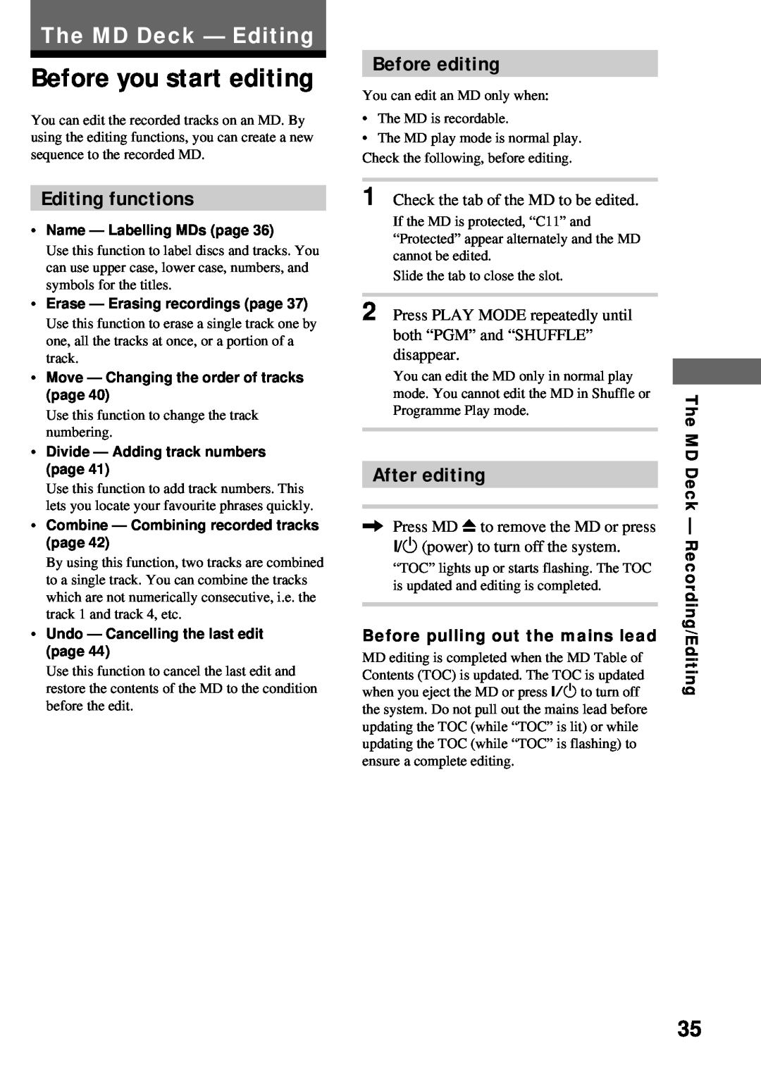Sony DHC-MD373 manual Before you start editing, The MD Deck - Editing, Editing functions, Before editing, After editing 
