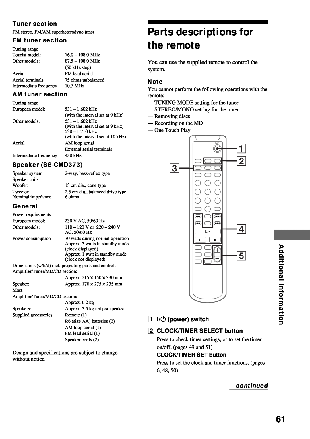 Sony DHC-MD373 Parts descriptions for the remote, Information, Tuner section, FM tuner section, AM tuner section, General 