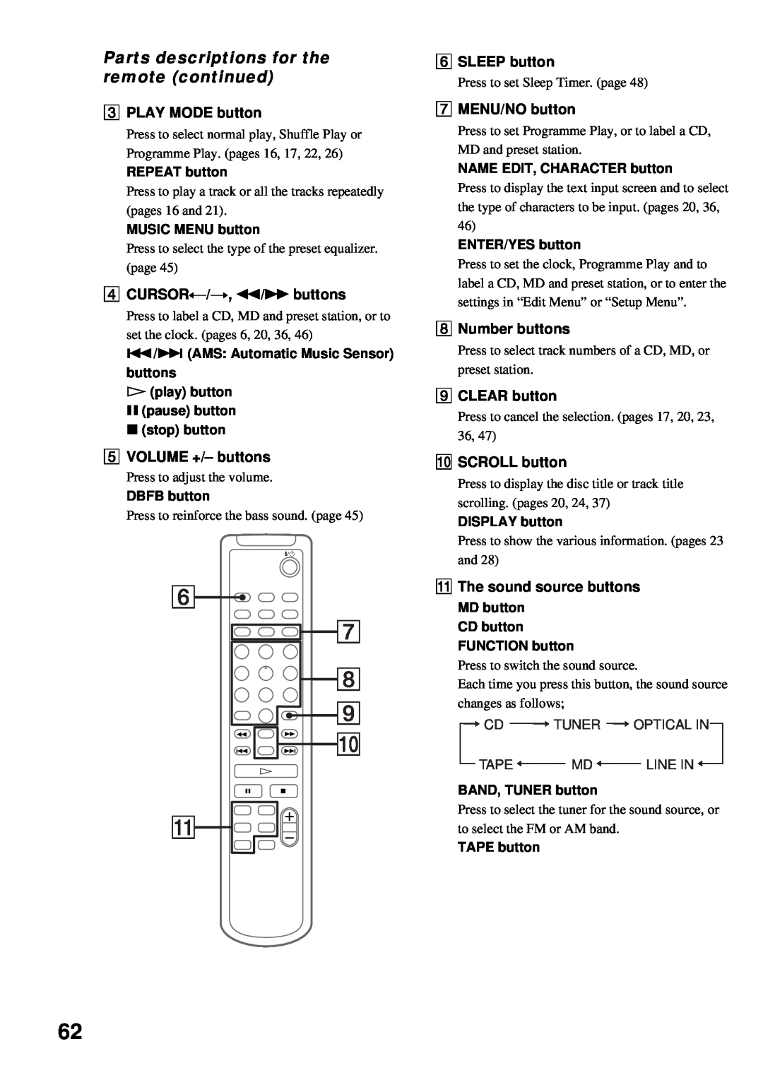 Sony DHC-MD373 Parts descriptions for the remote continued, 3PLAY MODE button, 4CURSORT/t, m/M buttons, 6SLEEP button 