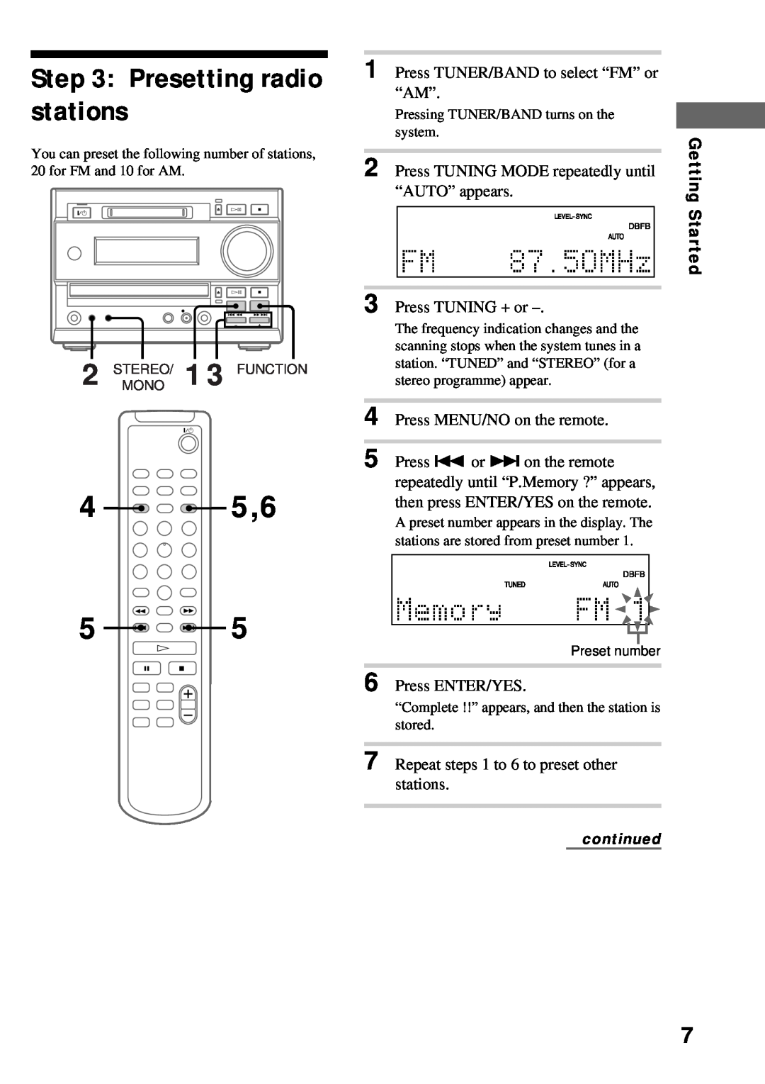 Sony DHC-MD373 manual Presetting radio stations, 4 5,6 