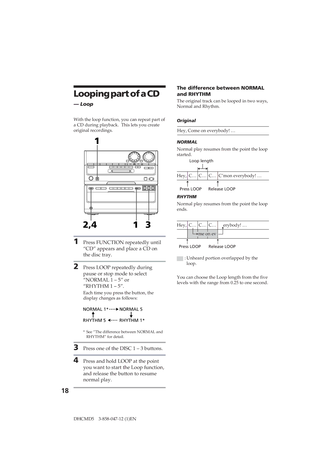 Sony DHC-MD5 operating instructions LoopingpartofaCD, Difference between Normal and Rhythm 