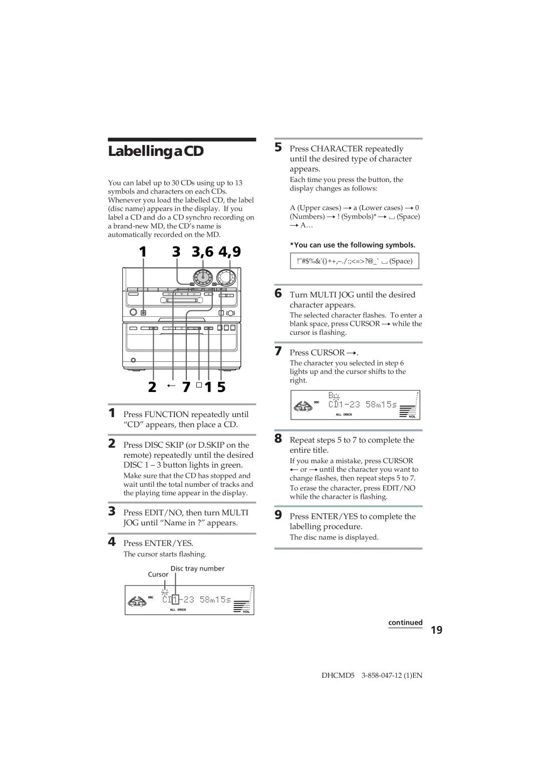 Sony DHC-MD5 operating instructions LabellingaCD, 3,6 4,9, 7 ¹1 