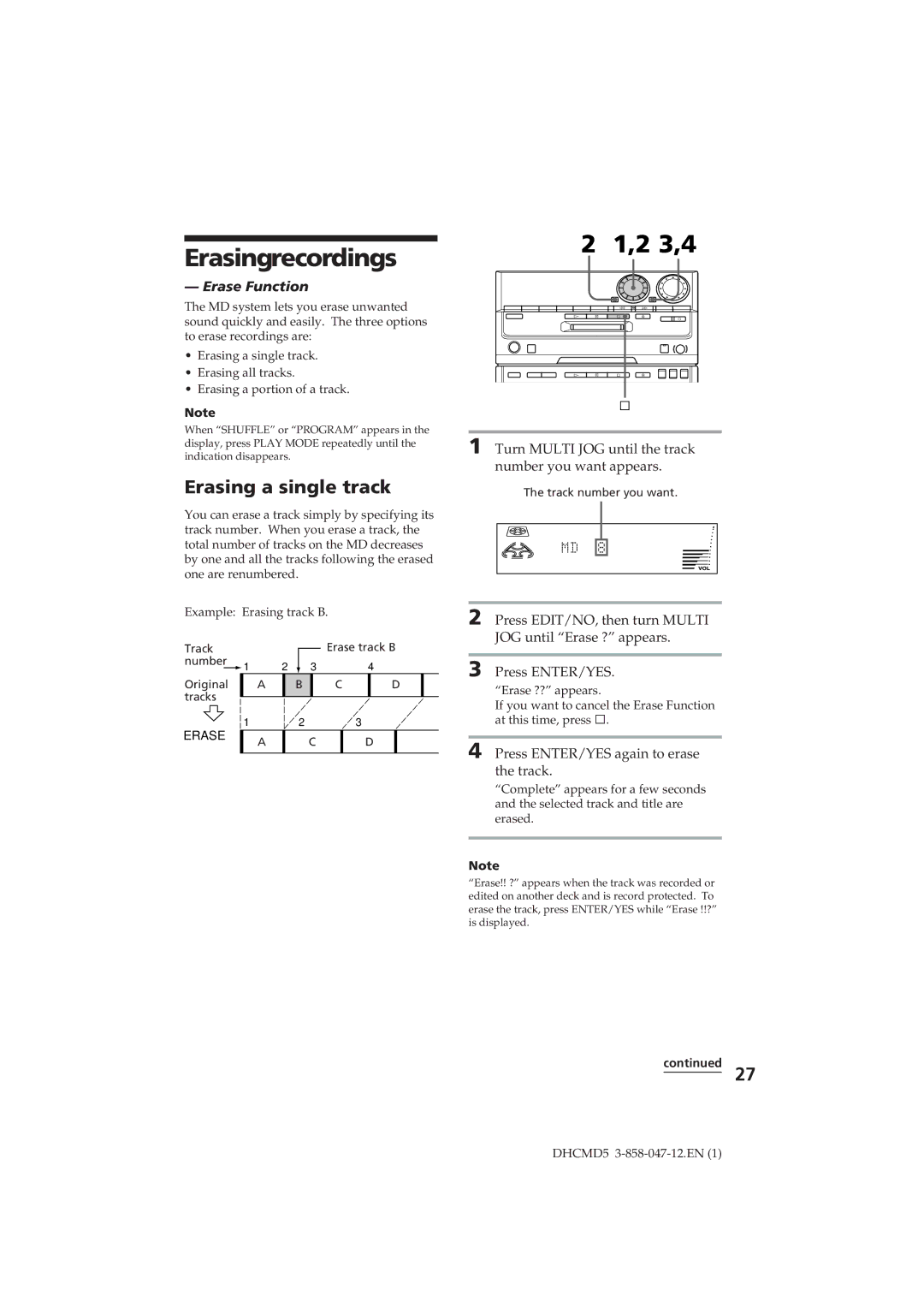 Sony DHC-MD5 Erasingrecordings, 2 3,4, Erasing a single track, Erase Function, Press ENTER/YES again to erase the track 