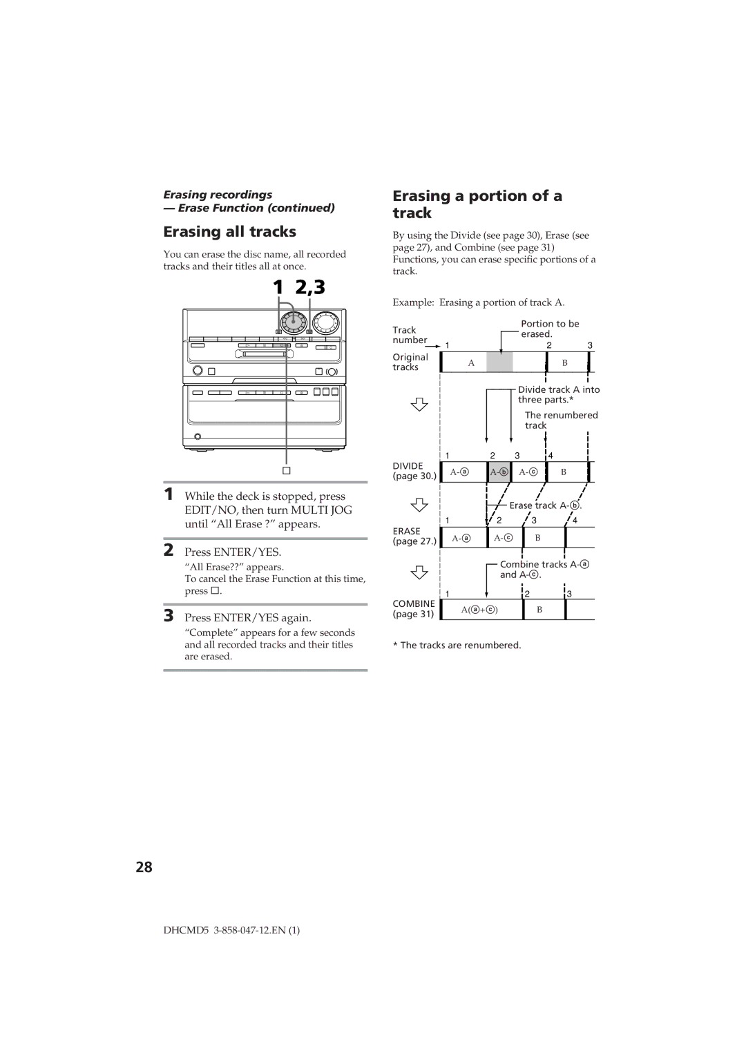 Sony DHC-MD5 operating instructions Erasing all tracks, Erasing a portion of a track, Erasing recordings Erase Function 