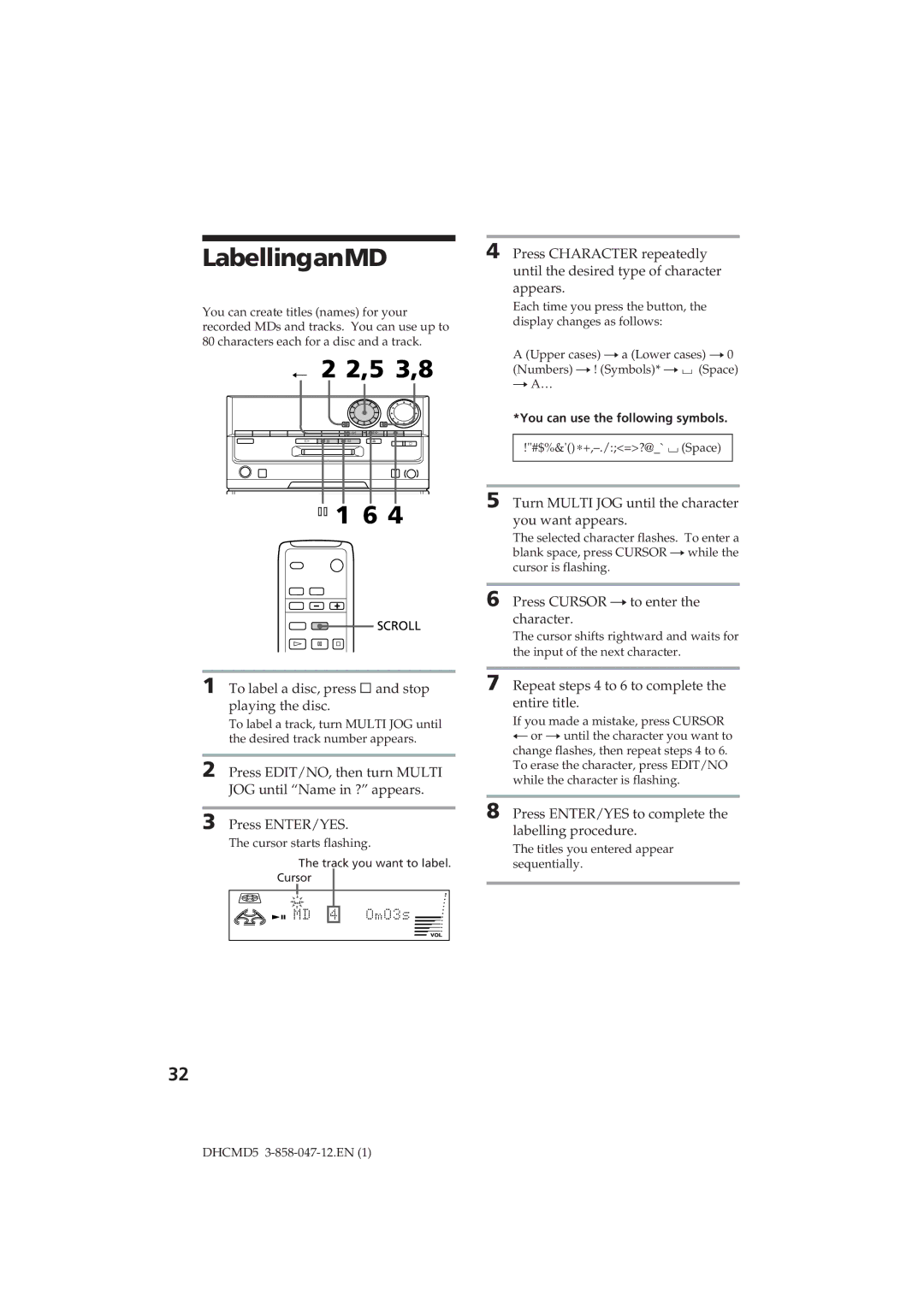 Sony DHC-MD5 operating instructions LabellinganMD, 2,5 3,8 ¸ 1 6 