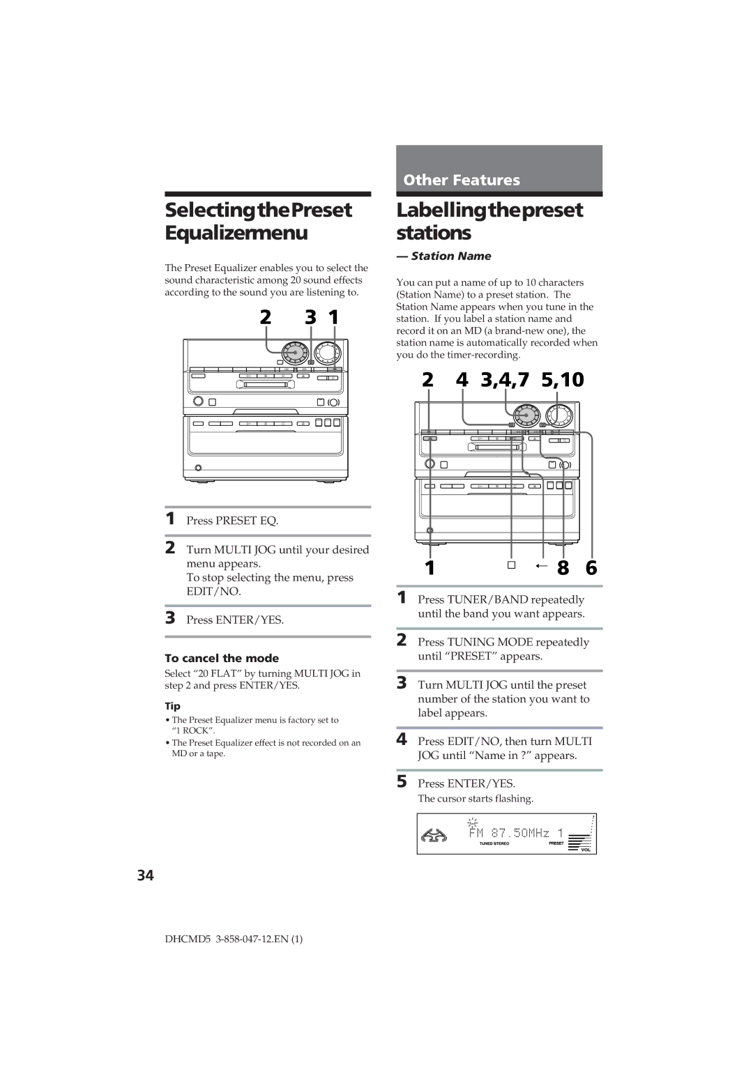 Sony DHC-MD5 SelectingthePreset Equalizermenu, Labellingthepreset stations, 3,4,7 5,10, Station Name, To cancel the mode 