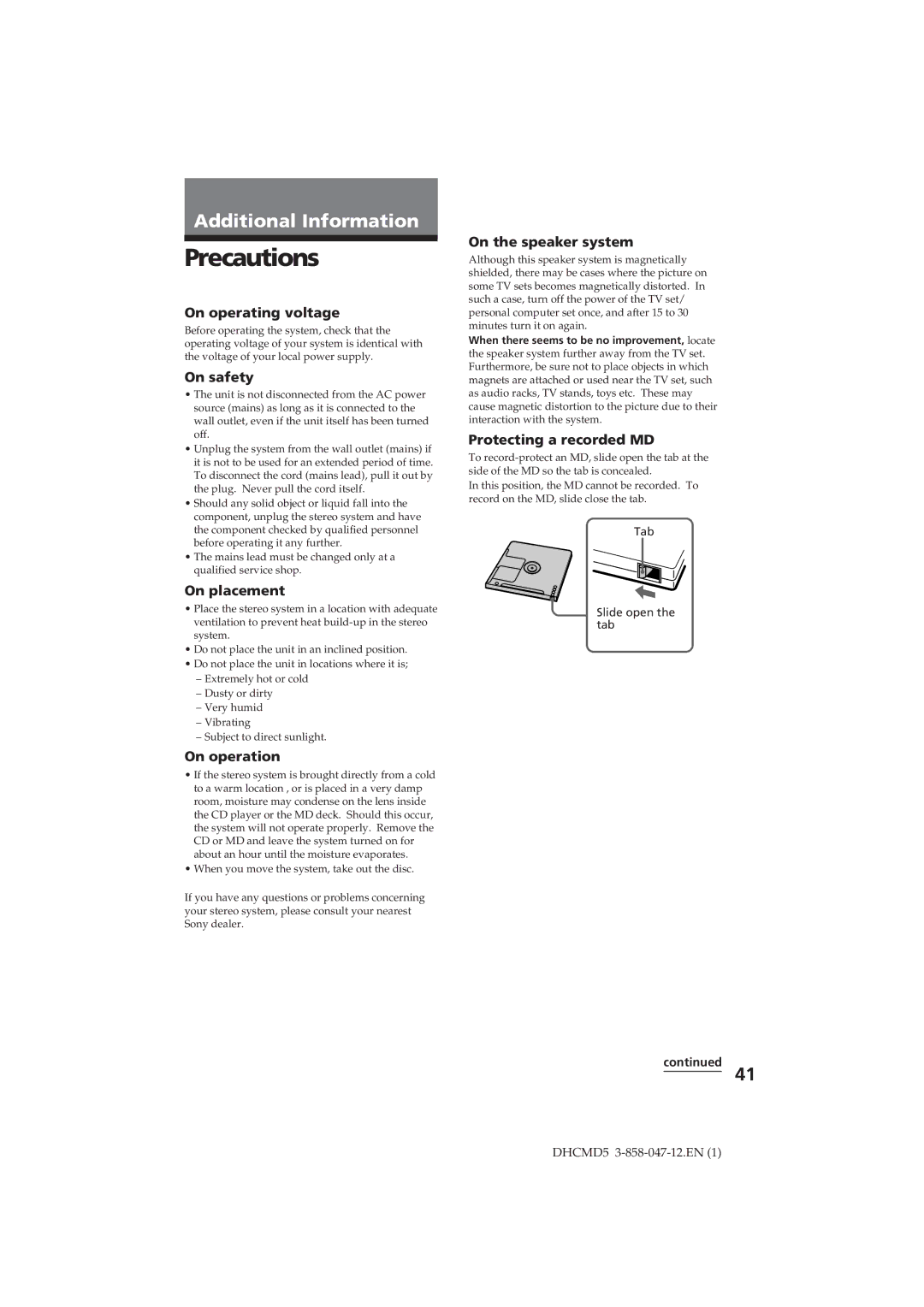 Sony DHC-MD5 operating instructions Precautions 