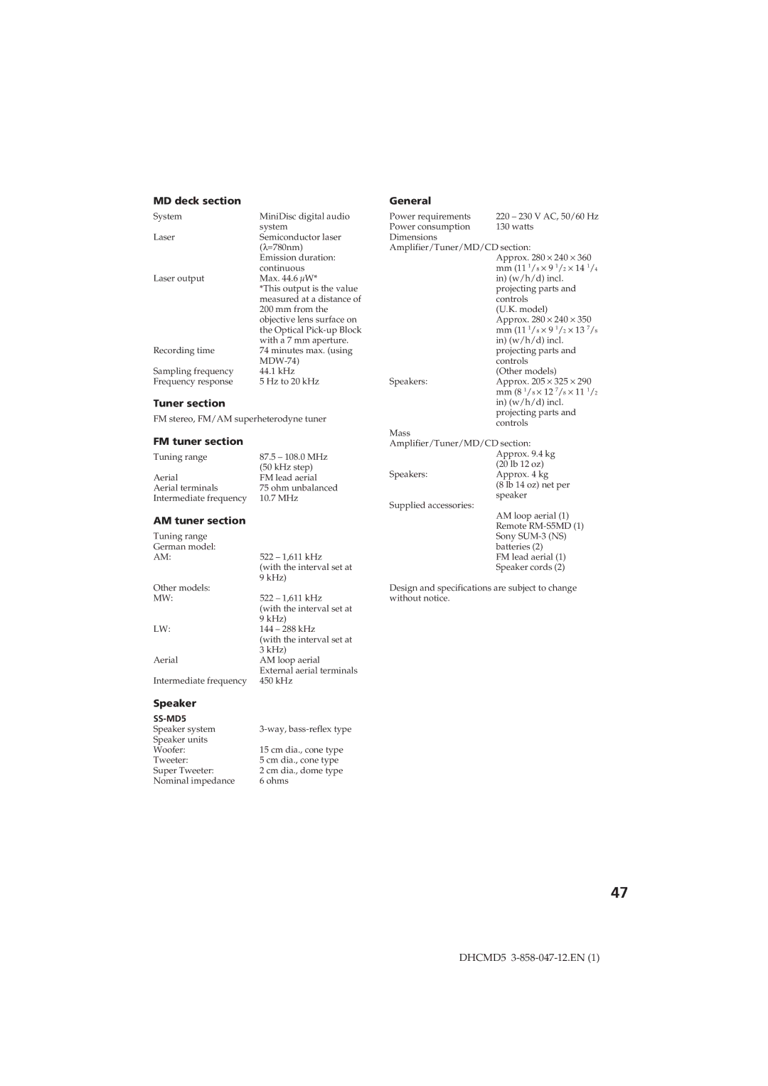 Sony DHC-MD5 operating instructions MD deck section, Tuner section, FM tuner section, AM tuner section, Speaker, General 