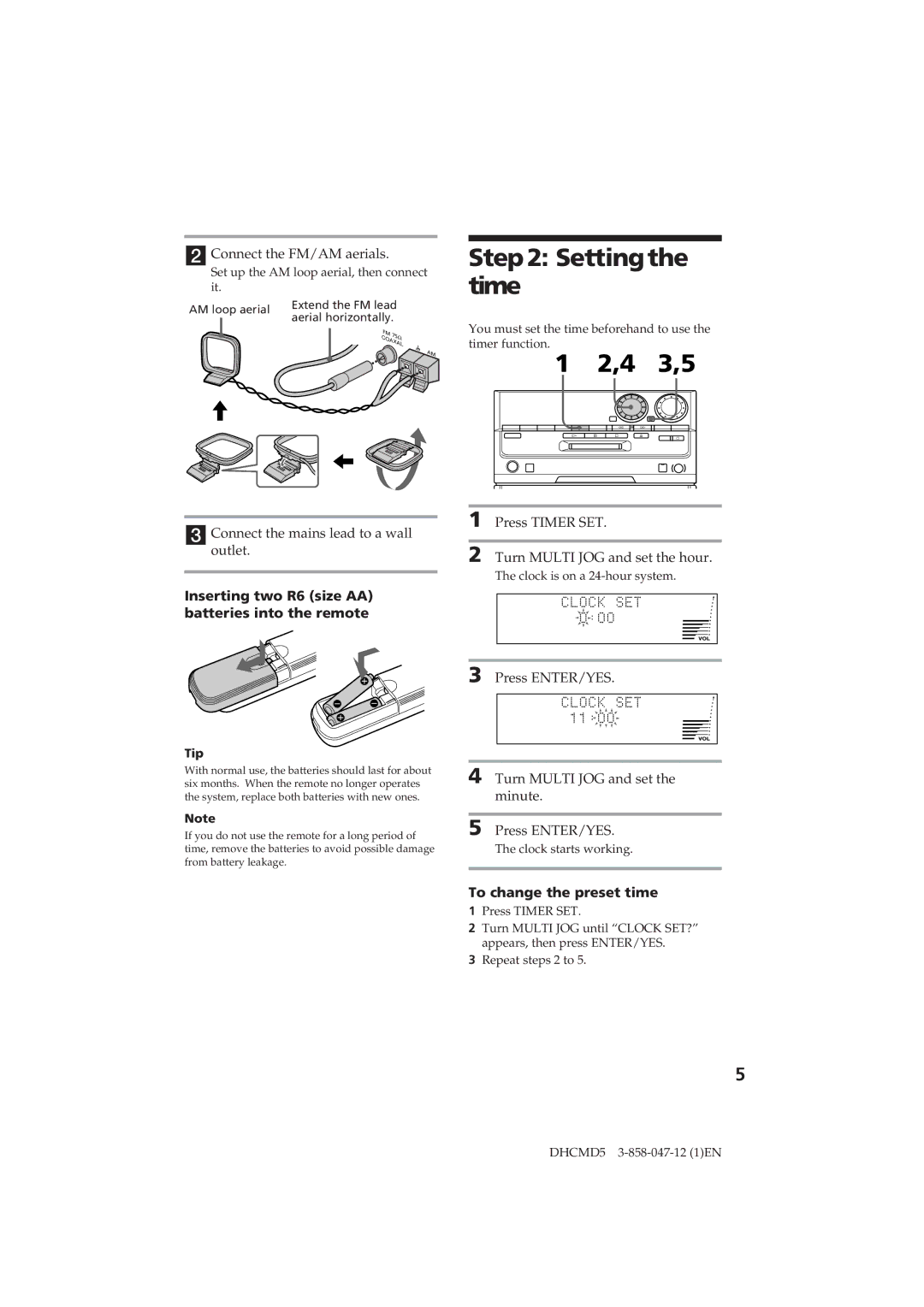 Sony DHC-MD5 Setting the time, 4 3,5, Inserting two R6 size AA batteries into the remote, To change the preset time 