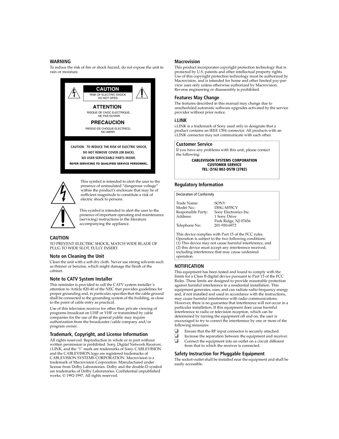 Sony DHG-M55CV manual Precaucion 