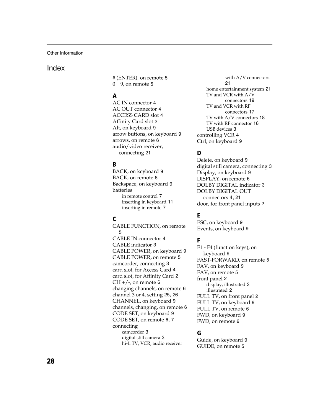 Sony DHG-M55CV manual Index 