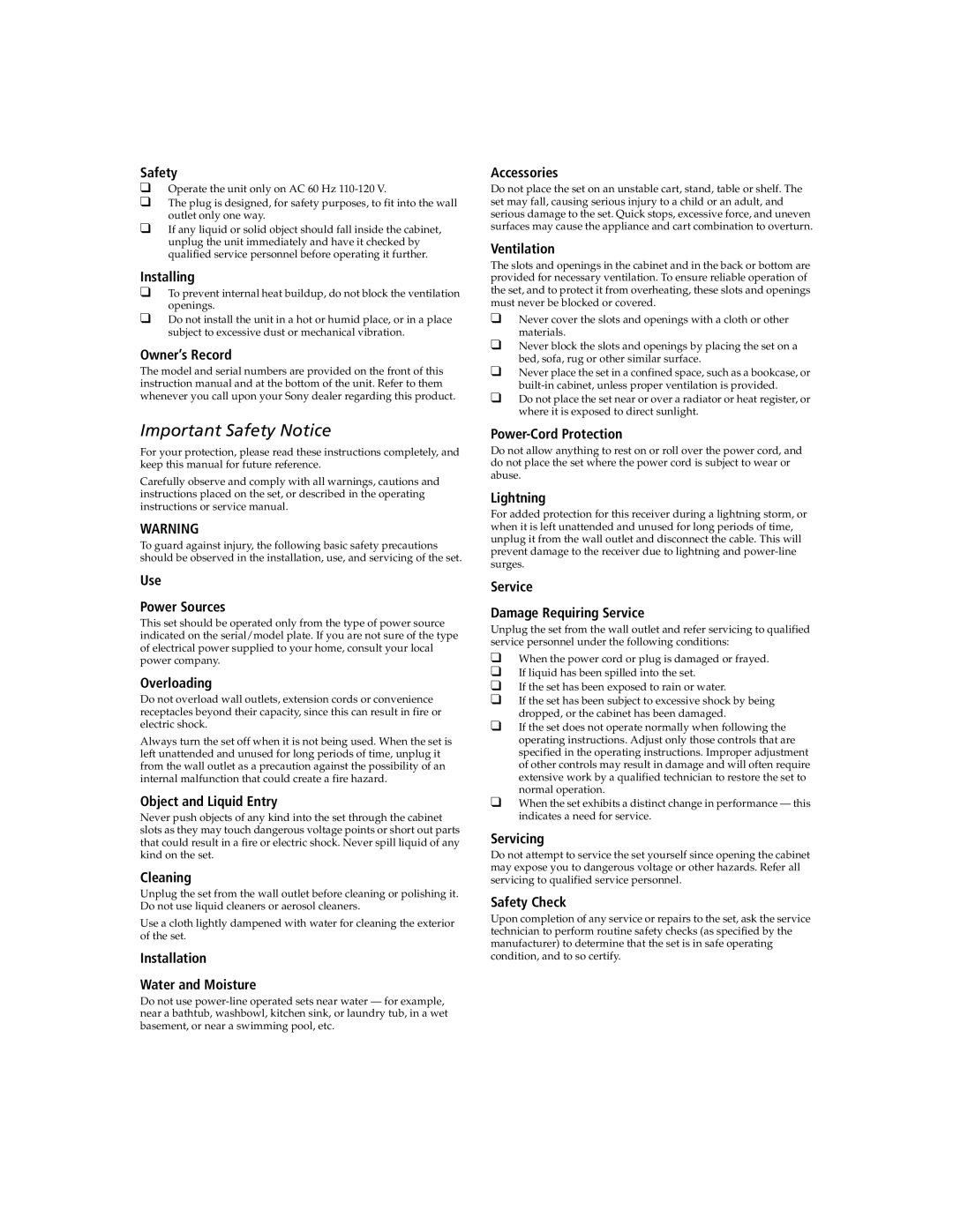 Sony DHG-M55CV manual Important Safety Notice 