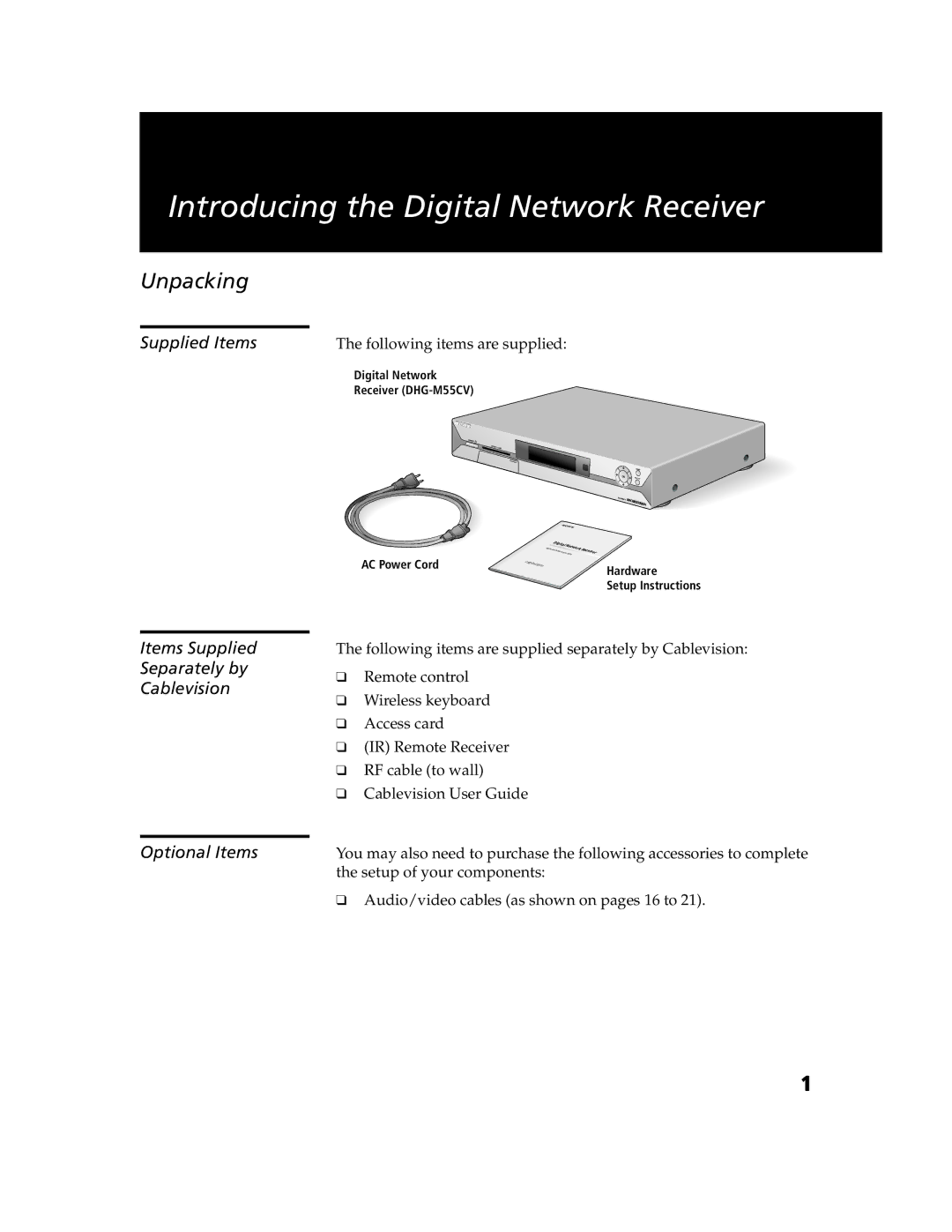 Sony DHG-M55CV manual Unpacking, Supplied Items, Items Supplied Separately by Cablevision Optional Items 