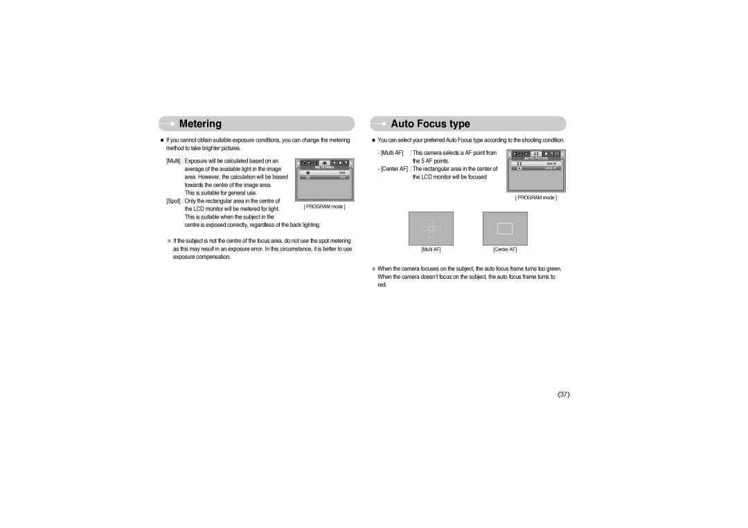 Sony DIGIMAX S850 user manual Metering, Auto Focus type 