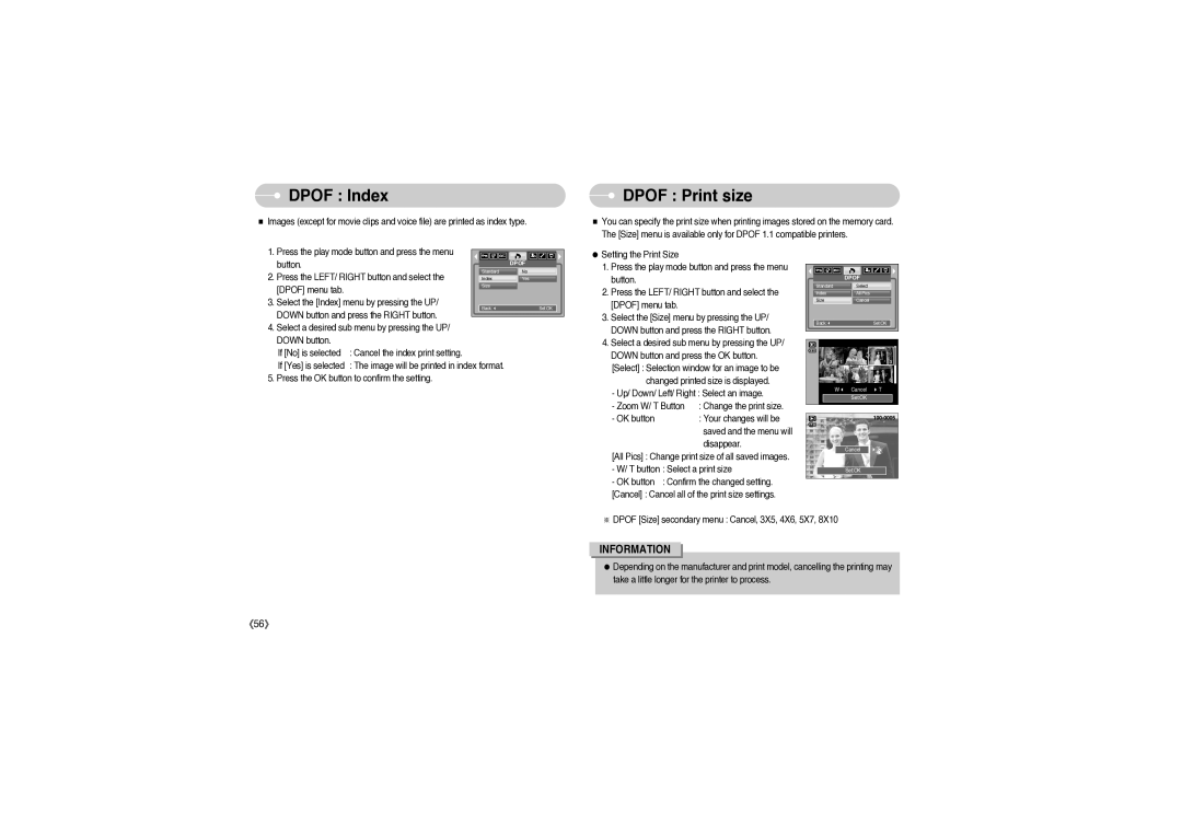 Sony DIGIMAX S850 user manual Dpof Index, Dpof Print size 