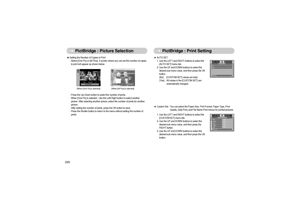 Sony DIGIMAX S850 user manual PictBridge Picture Selection PictBridge Print Setting, Auto SET 