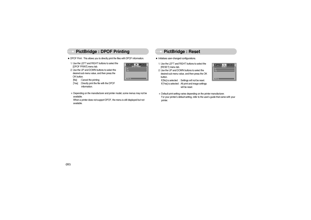 Sony DIGIMAX S850 user manual PictBridge Dpof Printing, PictBridge Reset 