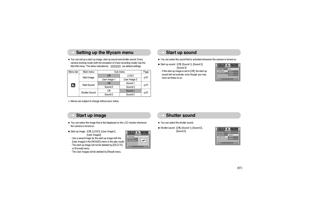 Sony DIGIMAX S850 user manual Setting up the Mycam menu, Start up sound, Start up image, Shutter sound, Logo 