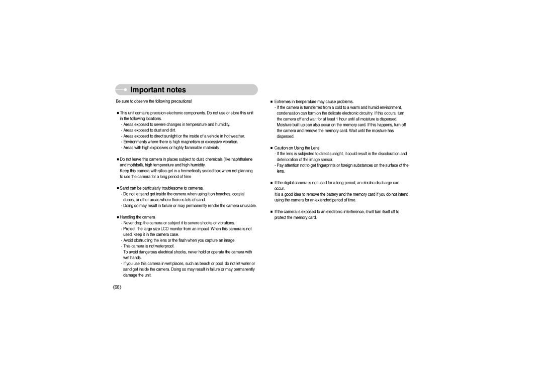 Sony DIGIMAX S850 user manual Important notes, 《68》 