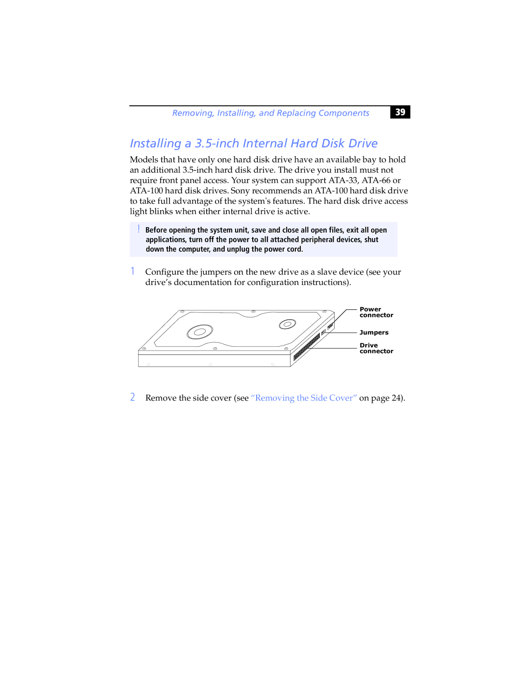 Sony Digital Studio System manual Installing a 3.5-inch Internal Hard Disk Drive 