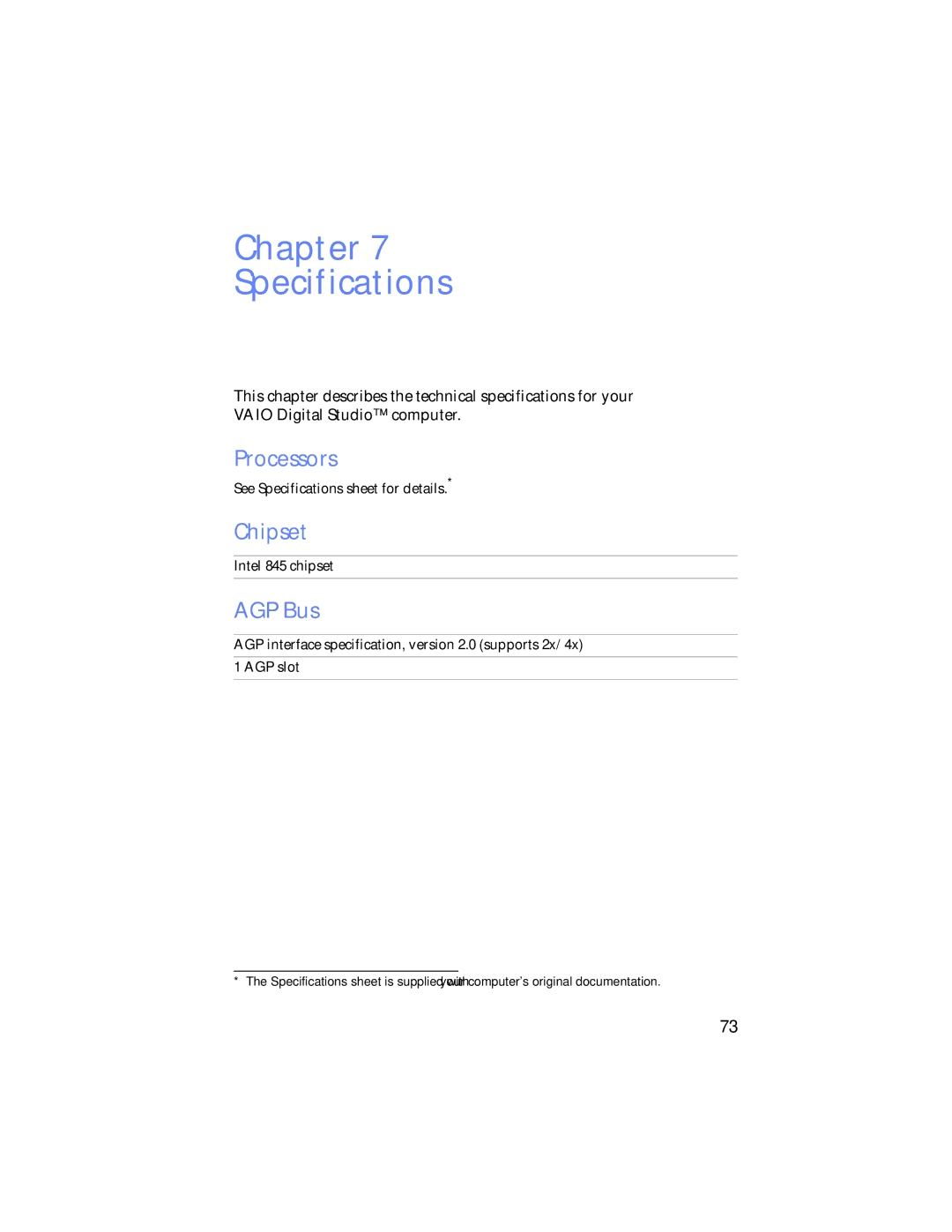 Sony Digital Studio System manual Chapter Specifications, Processors, Chipset, AGP Bus 