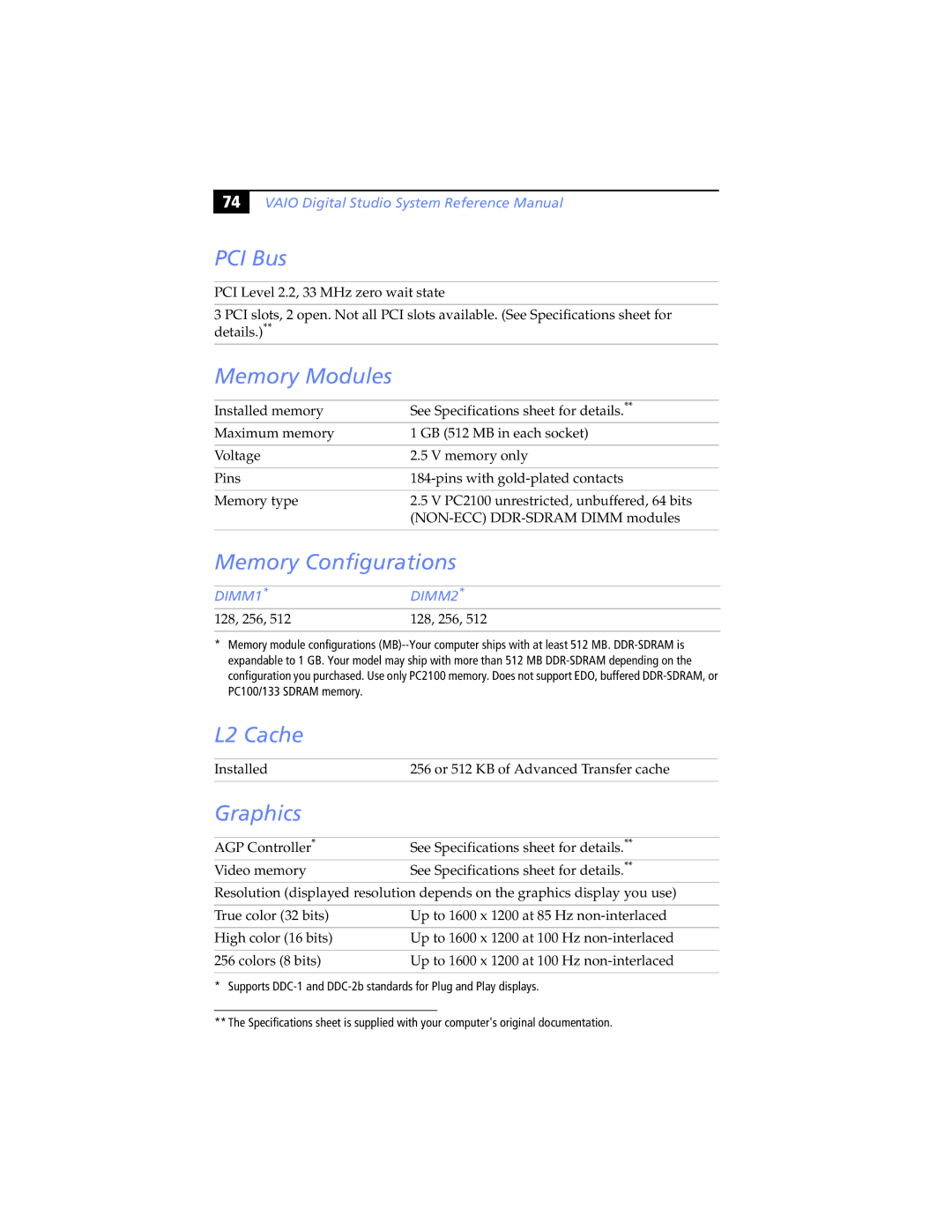 Sony Digital Studio System manual PCI Bus, Memory Modules, Memory Configurations, L2 Cache, Graphics 