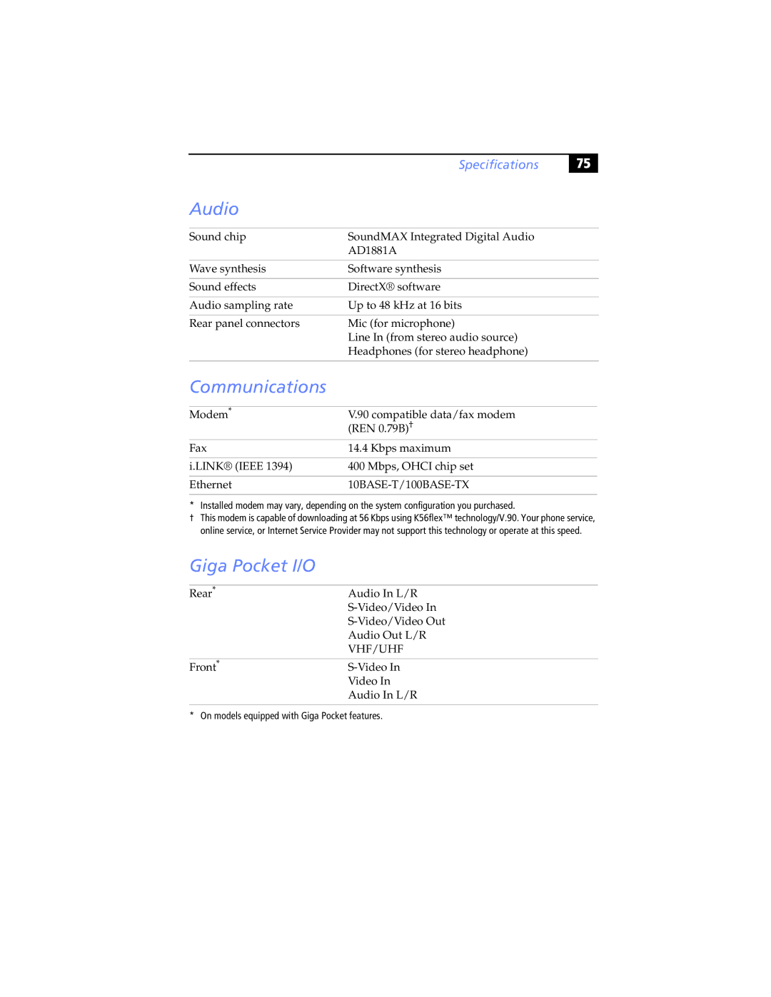 Sony Digital Studio System manual Audio, Communications, Giga Pocket I/O 