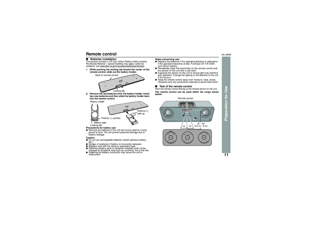 Sony DK-AP8P operation manual Remote control, Batteries installation, Test of the remote control 