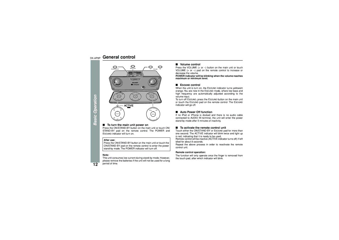 Sony operation manual DK-AP8PGeneral control, To turn the main unit power on, Esound control, Auto Power Off function 