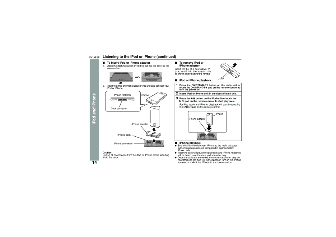 Sony DK-AP8P To insert iPod or iPhone adaptor, To remove iPod or IPhone adaptor, IPod or iPhone playback, IPhone playback 