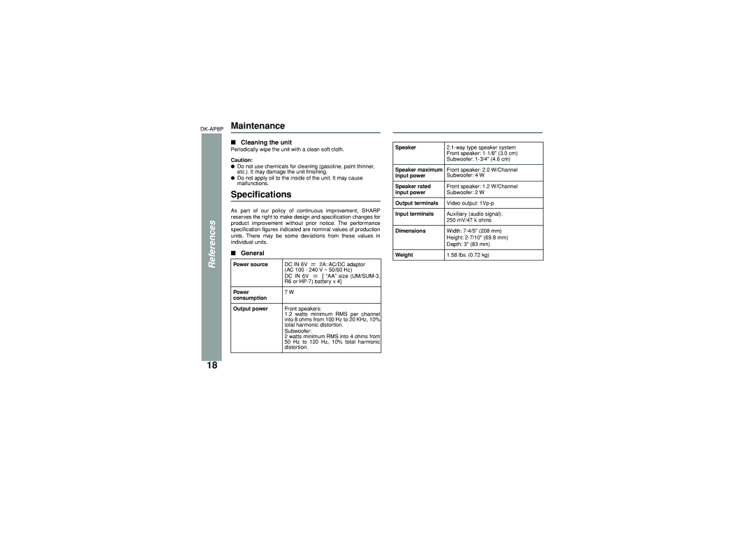 Sony DK-AP8P operation manual Maintenance, Speciﬁcations, Cleaning the unit 