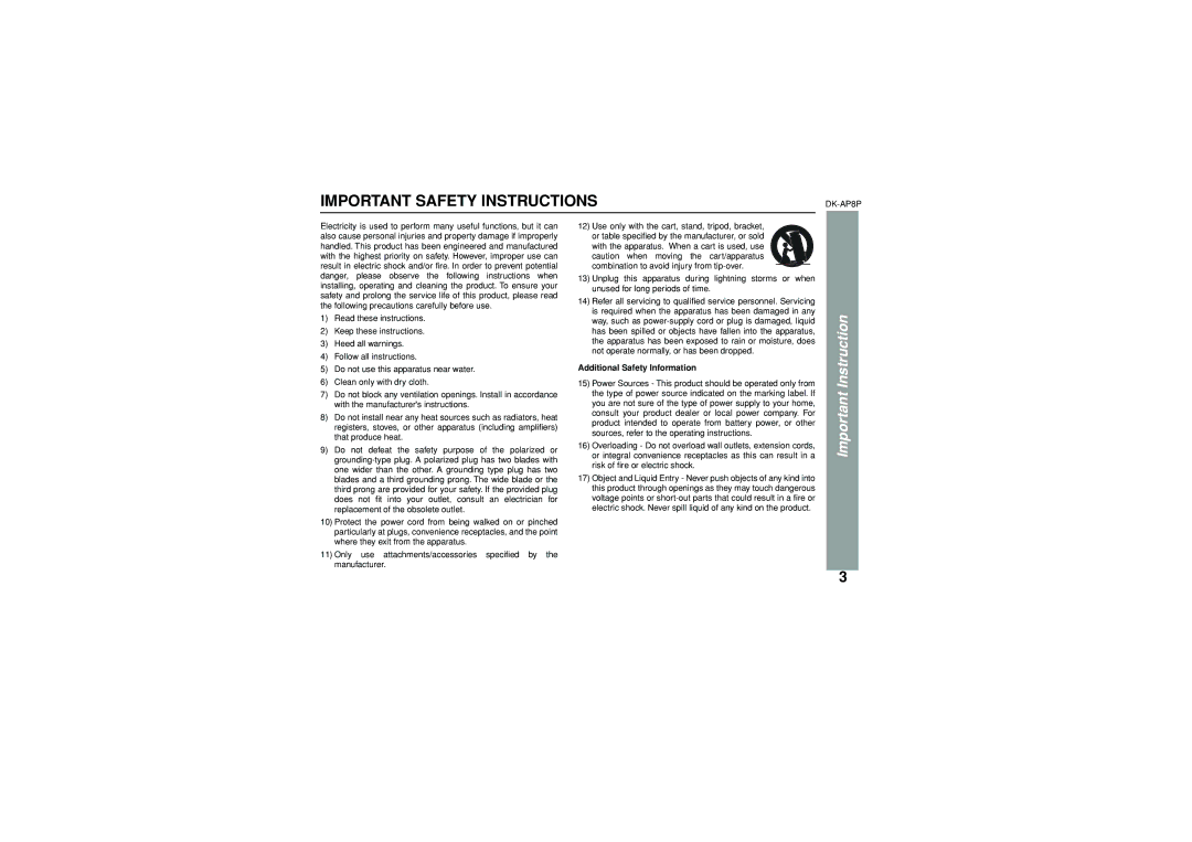 Sony DK-AP8P operation manual Important Safety Instructions, Additional Safety Information 