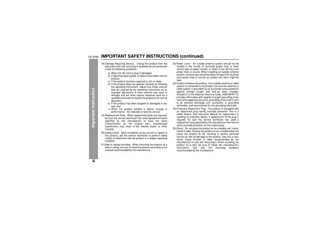 Sony operation manual DK-AP8PIMPORTANT Safety Instructions 