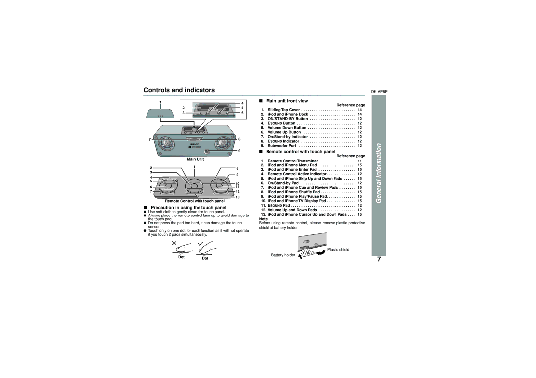 Sony DK-AP8P operation manual Controls and indicators, Main unit front view, Remote control with touch panel 