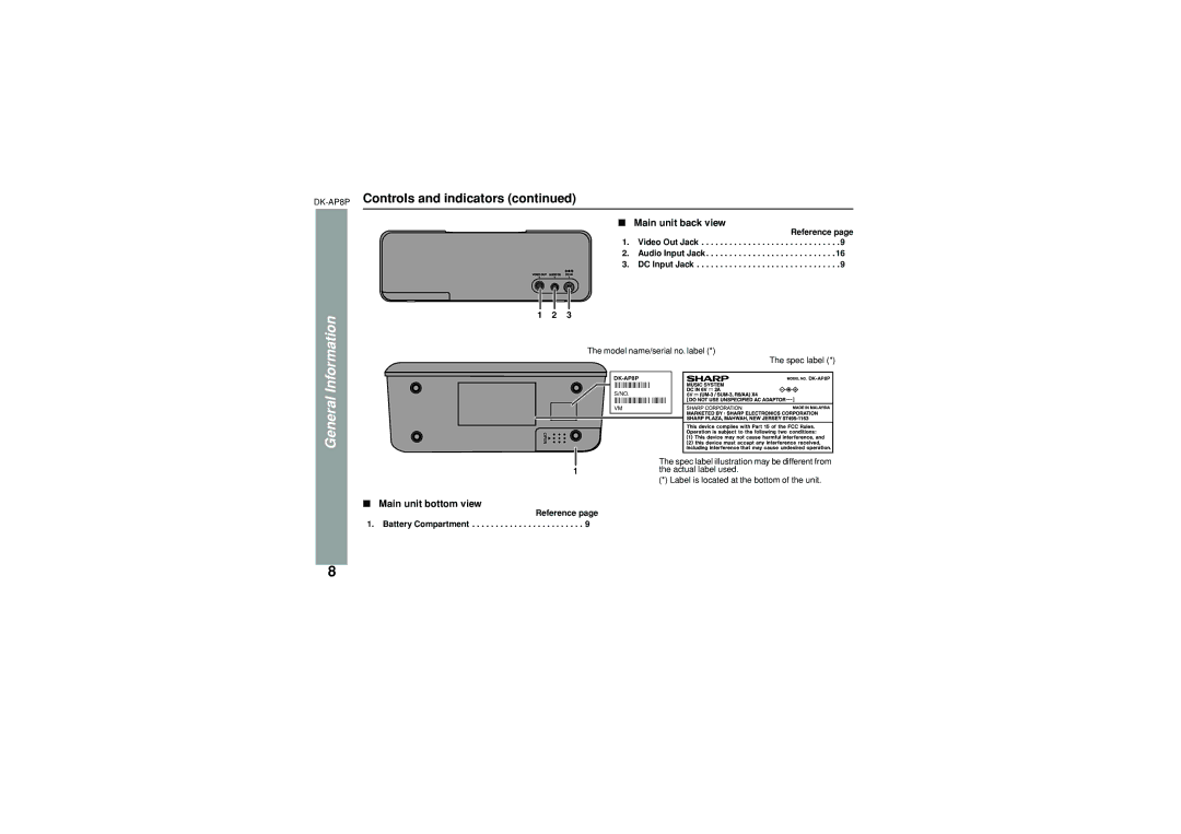 Sony DK-AP8P operation manual Main unit back view, Main unit bottom view, Spec label illustration may be different from 