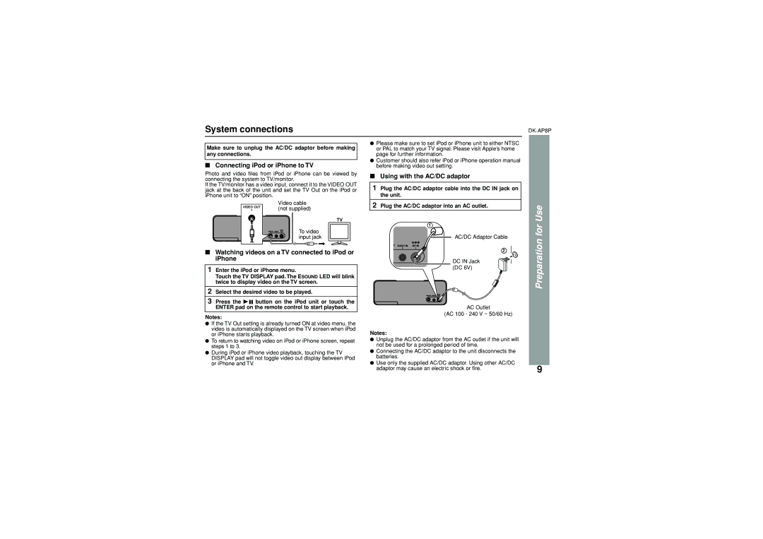 Sony DK-AP8P System connections, Connecting iPod or iPhone to TV, Watching videos on a TV connected to iPod or iPhone 