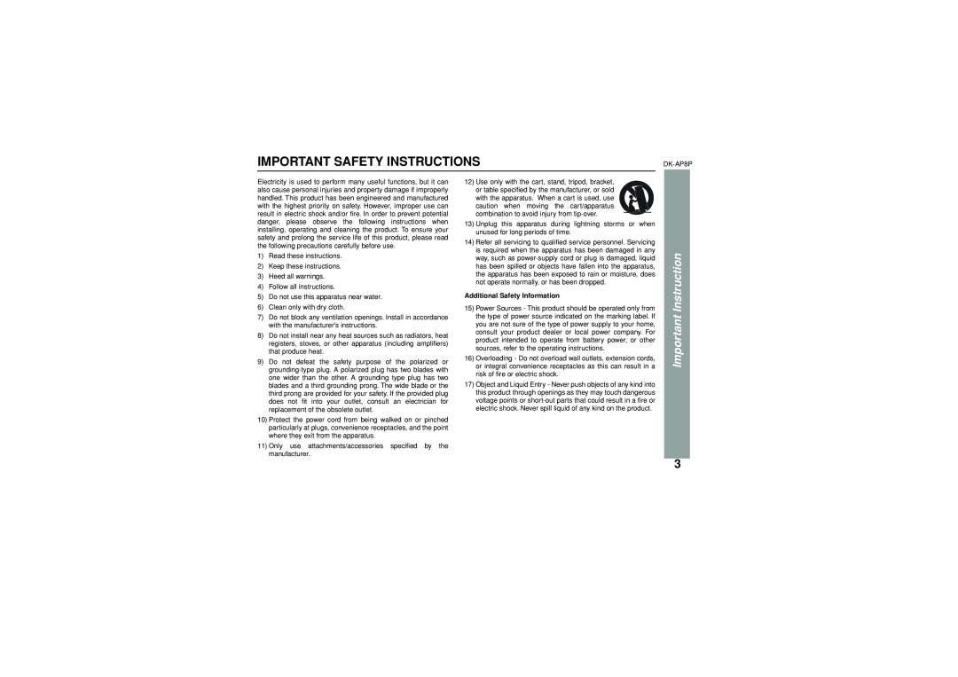 Sony DK-AP8P operation manual Important Safety Instructions, Important Instruction, Additional Safety Information 