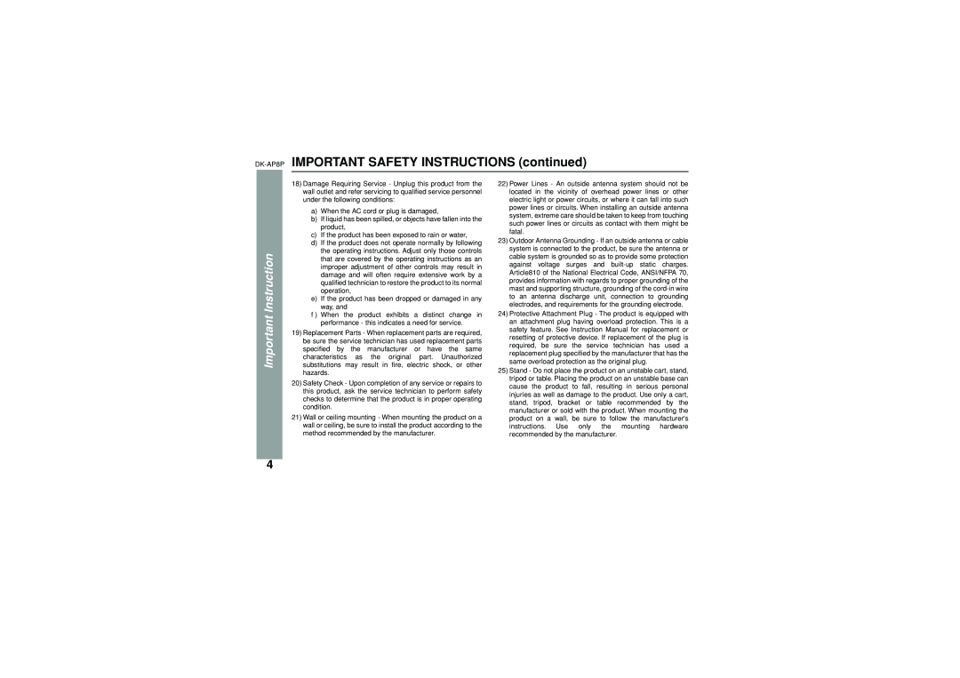 Sony operation manual DK-AP8P IMPORTANT SAFETY INSTRUCTIONS continued, Important Instruction 