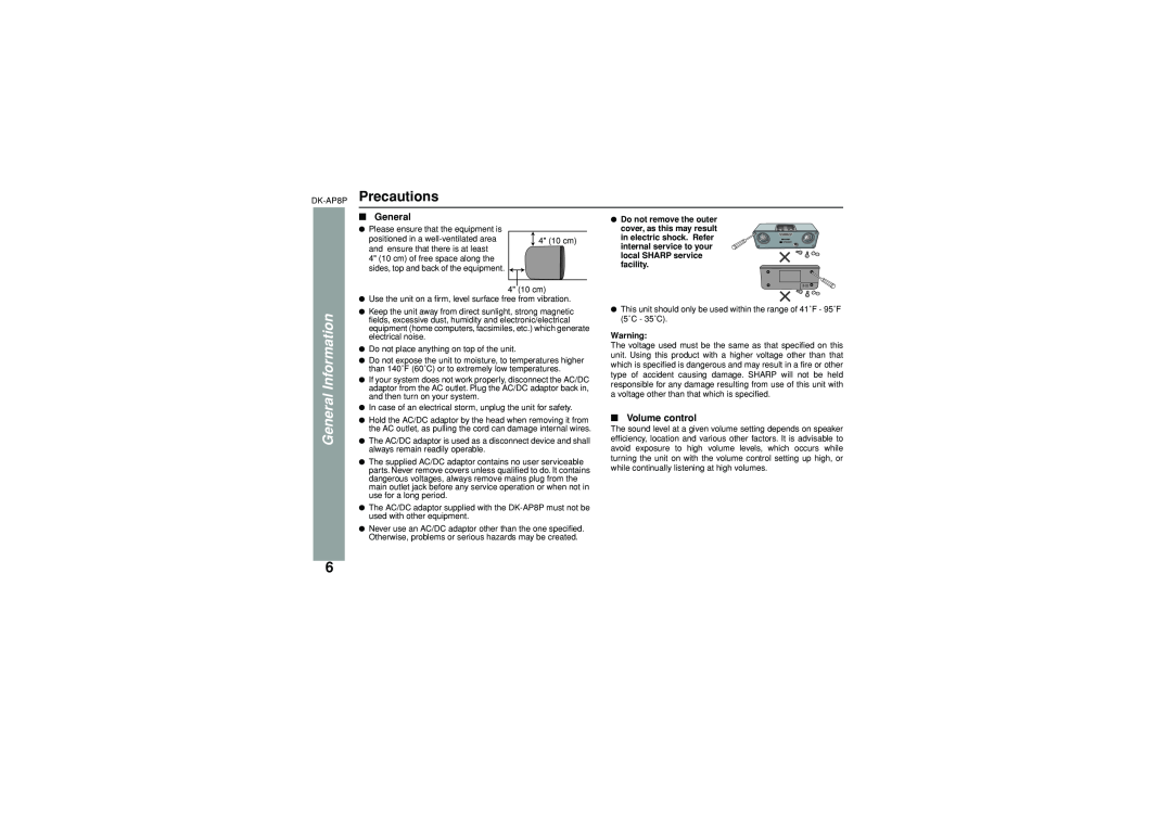 Sony DK-AP8P operation manual Precautions, Volume control, General Information 