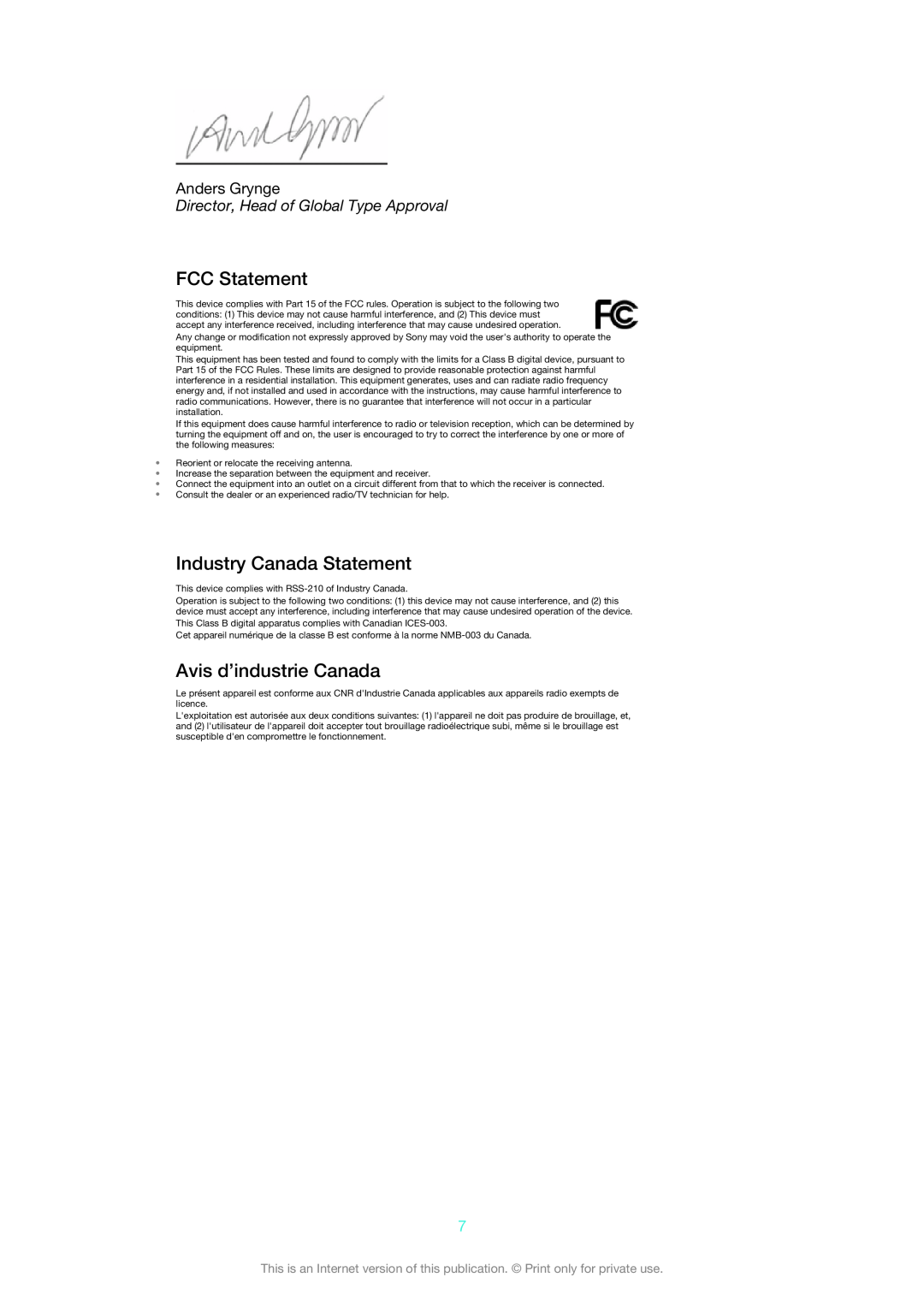 Sony DK31, DK30 manual FCC Statement, Industry Canada Statement, Avis d’industrie Canada, Anders Grynge 