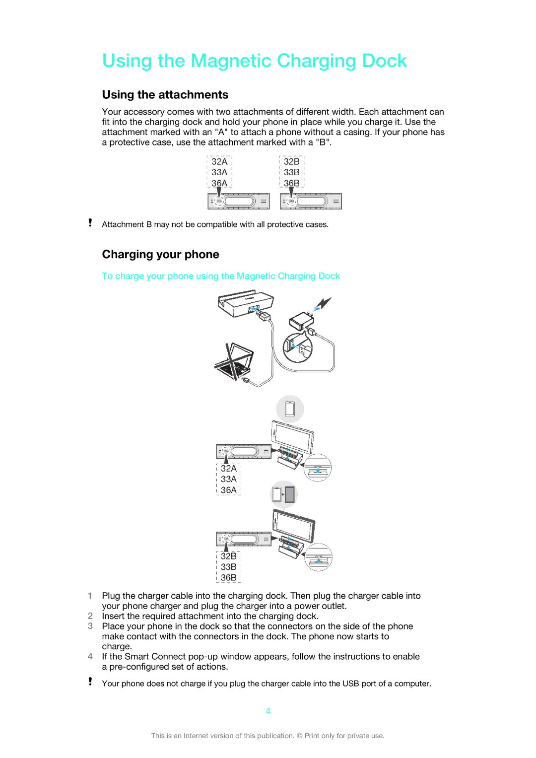 Sony DK33, DK36, DK32 manual Using the Magnetic Charging Dock, Using the attachments, Charging your phone 